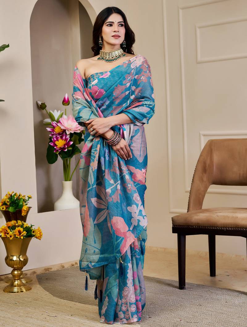 Blue shimmer printed zari saree with unstitched blouse piece.