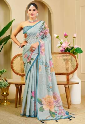 Sky blue shimmer printed zari saree with unstitched blouse piece. 1