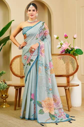 Sky blue shimmer printed zari saree with unstitched blouse piece.