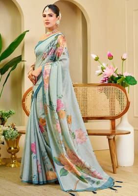 Sky blue shimmer printed zari saree with unstitched blouse piece. 2