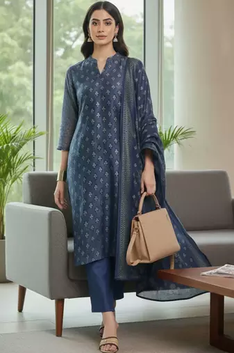 Women Floral Printed Regular Chanderi Silk Kurta with Trousers & With Dupatta