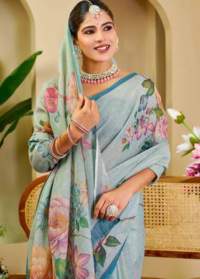 Sky blue shimmer printed zari saree with unstitched blouse piece. 3