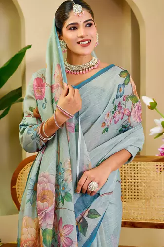 Sky blue shimmer printed zari saree with unstitched blouse piece.