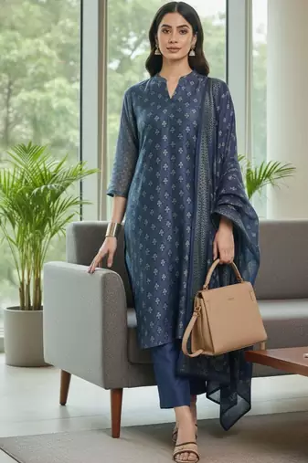 Women Floral Printed Regular Chanderi Silk Kurta with Trousers & With Dupatta
