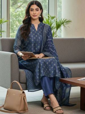 Women Floral Printed Regular Chanderi Silk Kurta with Trousers & With Dupatta 6