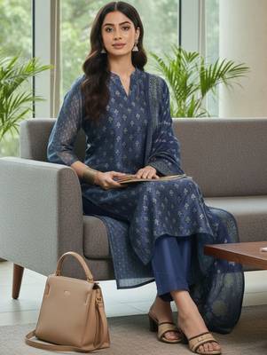 Women Floral Printed Regular Chanderi Silk Kurta with Trousers & With Dupatta 7