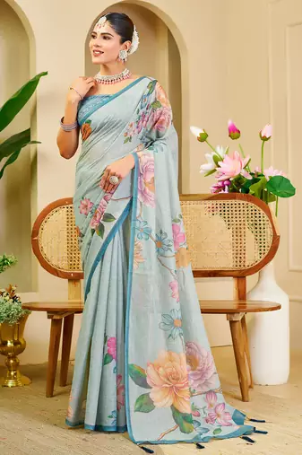 Sky blue shimmer printed zari saree with unstitched blouse piece.