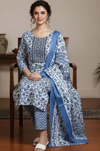Women Floral Printed Regular Kurta with Trousers & With Dupatta