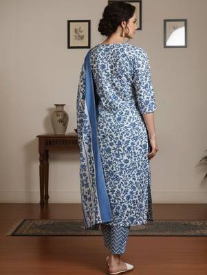 Women Floral Printed Regular Kurta with Trousers & With Dupatta 3