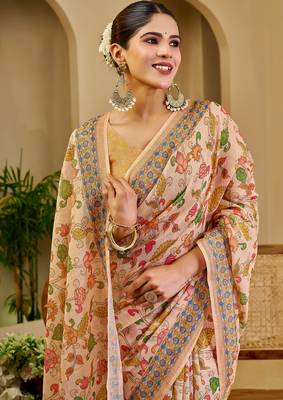 Peach shimmer printed zari saree with unstitched blouse piece. 1
