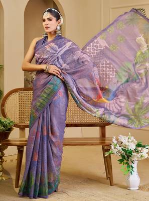 Purple shimmer printed zari saree with unstitched blouse piece. 1