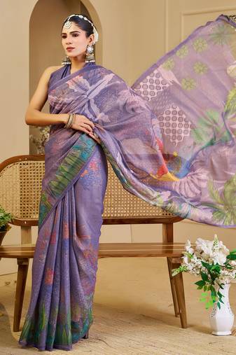 Purple shimmer printed zari saree with unstitched blouse piece.