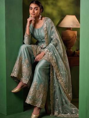 Women Ethnic Motifs Embroidered Tiered Sequinned Kurta with Palazzos & With Dupatta 2