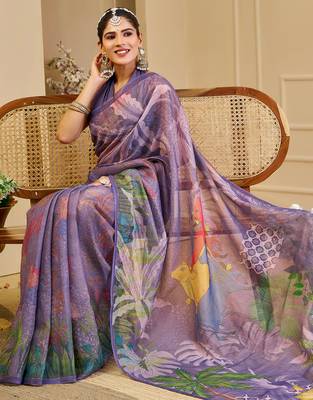 Purple shimmer printed zari saree with unstitched blouse piece. 2