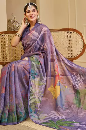 Purple shimmer printed zari saree with unstitched blouse piece.