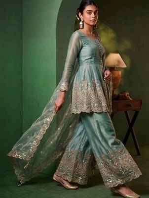 Women Ethnic Motifs Embroidered Tiered Sequinned Kurta with Palazzos & With Dupatta 3