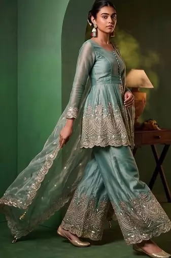 Women Ethnic Motifs Embroidered Tiered Sequinned Kurta with Palazzos & With Dupatta