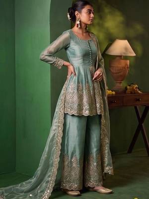 Women Ethnic Motifs Embroidered Tiered Sequinned Kurta with Palazzos & With Dupatta 4
