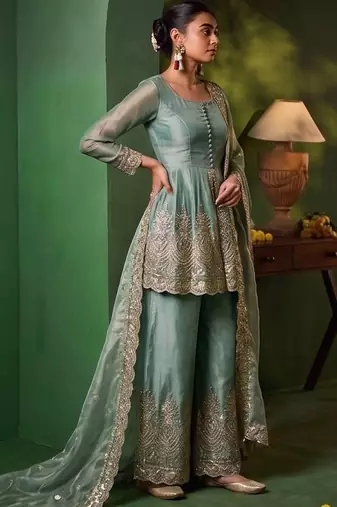 Women Ethnic Motifs Embroidered Tiered Sequinned Kurta with Palazzos & With Dupatta