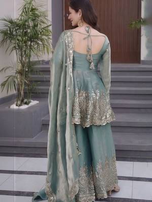 Women Ethnic Motifs Embroidered Tiered Sequinned Kurta with Palazzos & With Dupatta 5