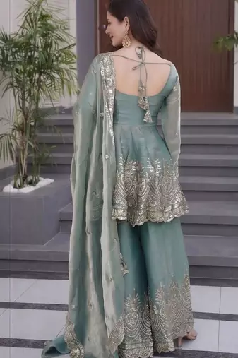Women Ethnic Motifs Embroidered Tiered Sequinned Kurta with Palazzos & With Dupatta