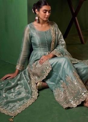 Women Ethnic Motifs Embroidered Tiered Sequinned Kurta with Palazzos & With Dupatta 6