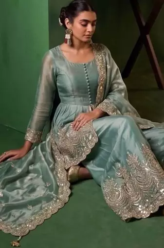 Women Ethnic Motifs Embroidered Tiered Sequinned Kurta with Palazzos & With Dupatta