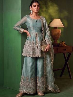 Women Ethnic Motifs Embroidered Tiered Sequinned Kurta with Palazzos & With Dupatta 7