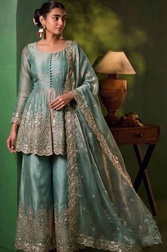 Women Ethnic Motifs Embroidered Tiered Sequinned Kurta with Palazzos & With Dupatta