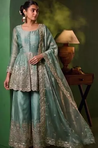 Women Ethnic Motifs Embroidered Tiered Sequinned Kurta with Palazzos & With Dupatta