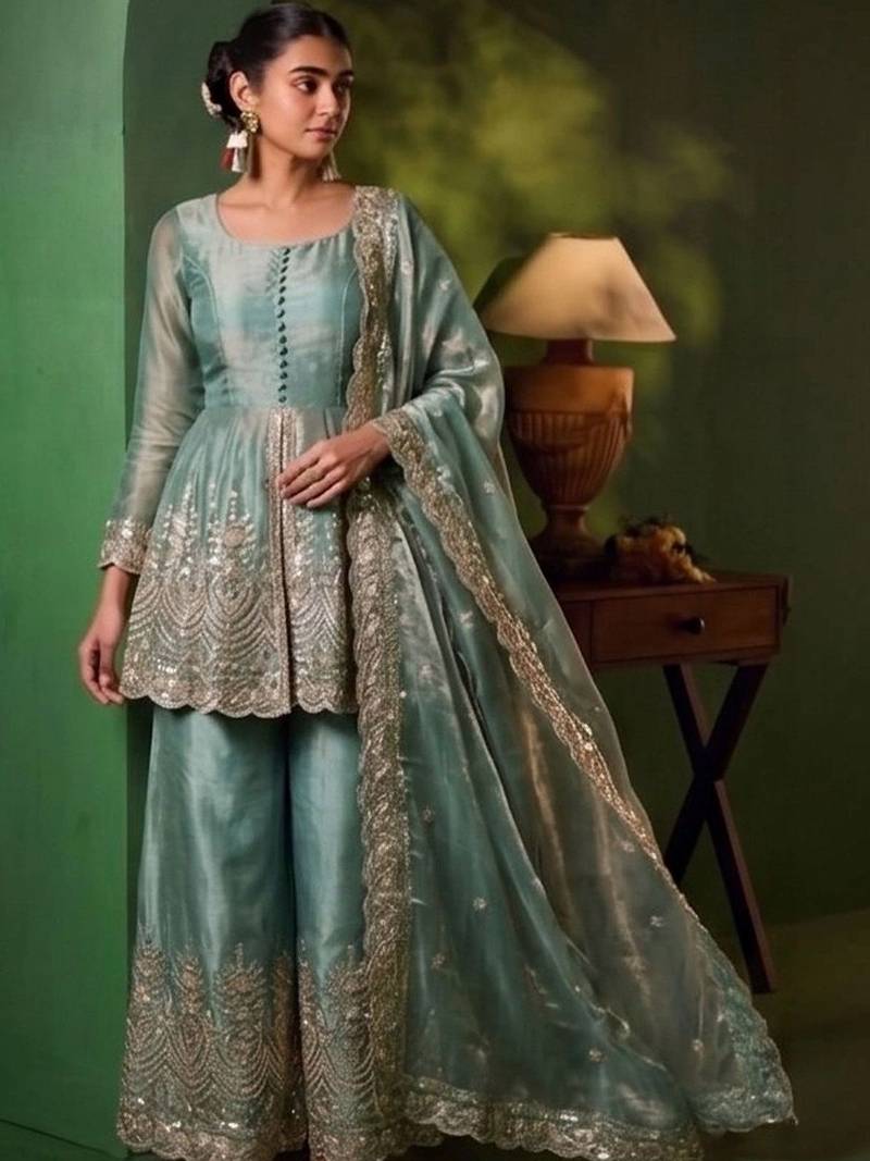 Women Ethnic Motifs Embroidered Tiered Sequinned Kurta with Palazzos & With Dupatta