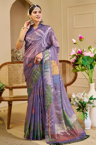 Purple shimmer printed zari saree with unstitched blouse piece.