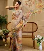 Grey shimmer printed zari saree with unstitched blouse piece.