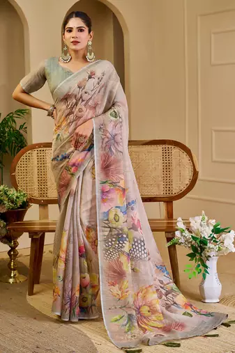 Grey shimmer printed zari saree with unstitched blouse piece.