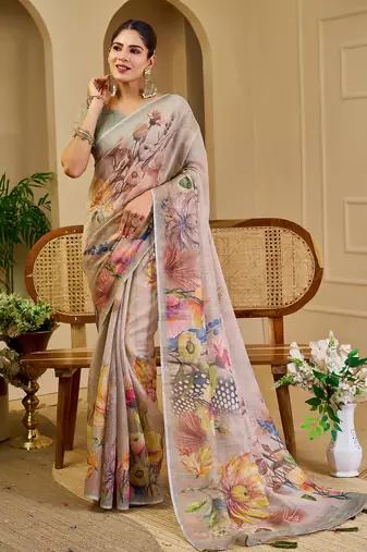 Grey shimmer printed zari saree with unstitched blouse piece.