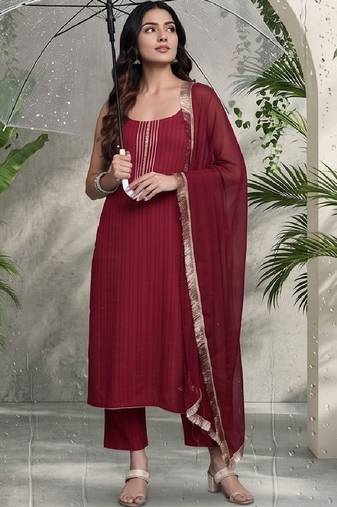 Women Ethnic Motifs Regular Thread Work Silk Crepe Kurta with Trousers & With Dupatta