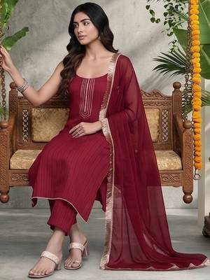 Women Ethnic Motifs Regular Thread Work Silk Crepe Kurta with Trousers & With Dupatta 2