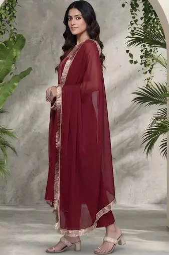 Women Ethnic Motifs Regular Thread Work Silk Crepe Kurta with Trousers & With Dupatta
