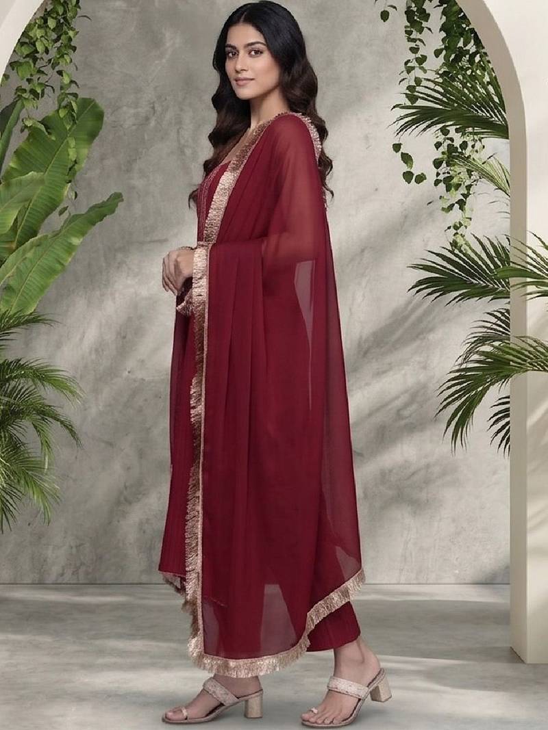 Women Ethnic Motifs Regular Thread Work Silk Crepe Kurta with Trousers & With Dupatta