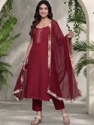 Women Ethnic Motifs Regular Thread Work Silk Crepe Kurta with Trousers & With Dupatta 5