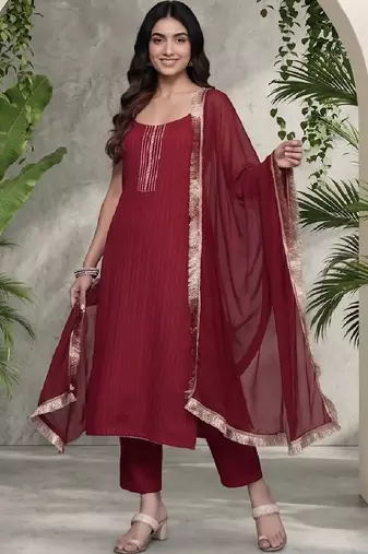 Women Ethnic Motifs Regular Thread Work Silk Crepe Kurta with Trousers & With Dupatta