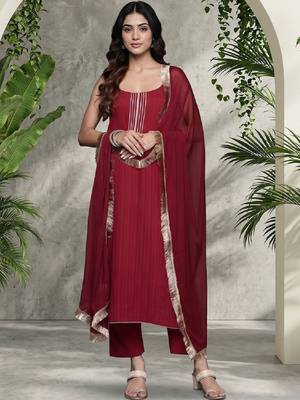 Women Ethnic Motifs Regular Thread Work Silk Crepe Kurta with Trousers & With Dupatta 6