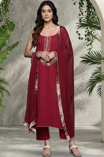 Women Ethnic Motifs Regular Thread Work Silk Crepe Kurta with Trousers & With Dupatta