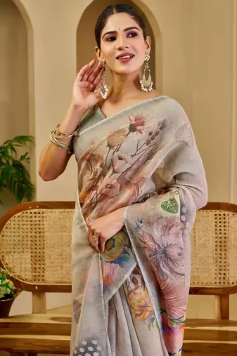 Grey shimmer printed zari saree with unstitched blouse piece.