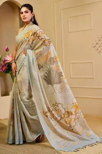 Sky blue shimmer printed zari saree with unstitched blouse piece.