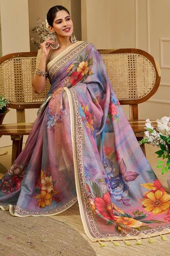 Lavender shimmer printed zari saree with unstitched blouse piece.