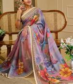 Lavender shimmer printed zari saree with unstitched blouse piece.