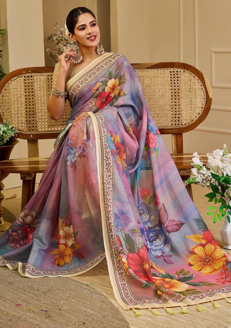 Lavender shimmer printed zari saree with unstitched blouse piece.