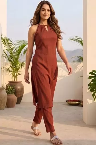 Regular Silk Crepe Kurta with Trousers