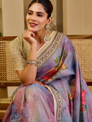 Lavender shimmer printed zari saree with unstitched blouse piece. 4
